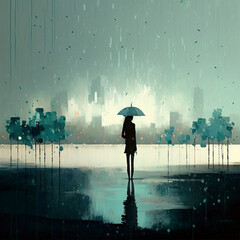 Standing under an umbrella under the rainy city, illustration