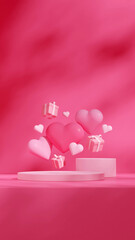 scene template cylinder pink podium in portrait floating pink hearts and gift box 3d render image
