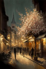 the old town in the dreamy season, the street with the warm lights and flowers, painting