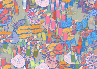 Background pattern abstract design texture. Seamless. Alcohol and Seafood. Theme is about vodka, lime, for the holiday, mussels, yummy, nautical, forty degrees, strong alcohol, cheese, refinement