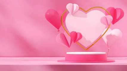 Fotobehang Fluor Roze scene template dark pink cylinder podium in landscape gold and pink hearts shape 3d image render   © Faustudio