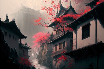 An idyllic fantasy ravine town with red flowers, willows, fog and grays