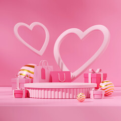 scene template cylinder podium in square pink color heart shape and gift box 3d render image
