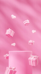 in portrait floating hearts and giftbox 3d render image blank space round cylinder pink podium
