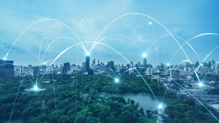 Smart digital city with connection network reciprocity over the cityscape . Concept of future smart...