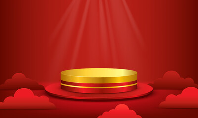 Red 3D Podium. Blank scene background with paper cut style. Blank podium, suitable for product presentation, mock up, show product, stage pedestal or platform. 3D Vector