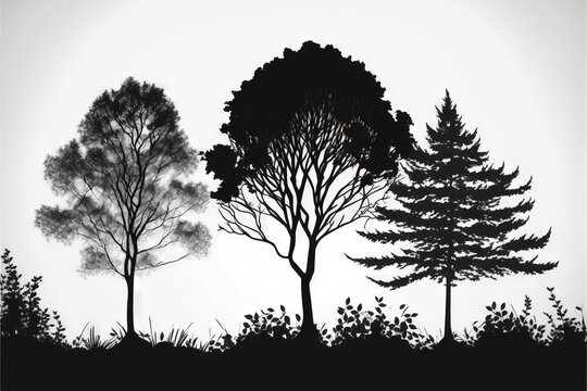 A Black And White Photo Of Trees And Bushes In The Woods With A Gray Sky In The Background And A White Sky In The Background.