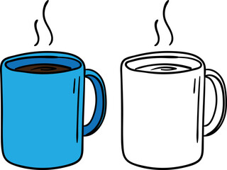 Hot coffee mug hand drawn graphic with outline and colored. vector illustration.