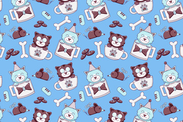 Cute cat in a glass. Bones, fish, cake, sausage, toy mouse and bell icon pattern