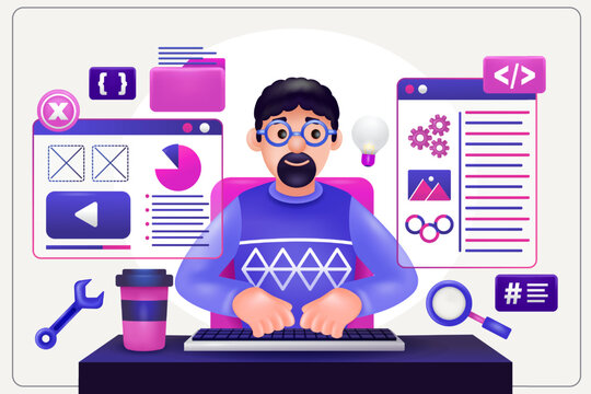 3d illustration of man doing coding and programming on his laptop
