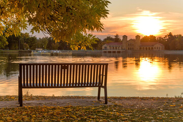 Autumn Sunset Park - A bright and colorful Autumn sunset view at Ferril Lake of City Park, Denver,...