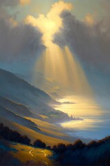 Fototapeta premium Dense fog in the lowlands rolls over the hills, the sun rises