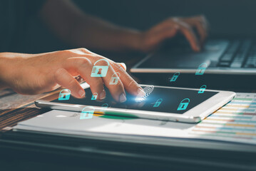 Cyber ​​security and privacy concept for data protection, digital biometric data.Businessman scan their fingerprints processing for access security system, network connection, virtual interface.