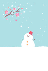 早咲きの桜と雪だるまの寒中見舞いはがきデザイン(文字なし)
