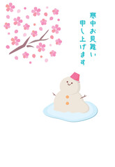 満開の桜と解ける雪だるまの寒中見舞いはがきテンプレート(添書きなし) 白背景