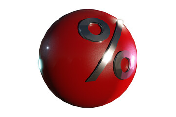 3D Illustration, 3d rendering . Red ball with percent sign