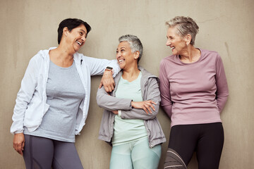 Fitness, friends and senior women with exercise and wellness in retirement, vitality and active...