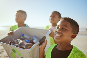 Recycle, boy and cleaning beach for sustainability, environment and awareness. Male child, volunteer and kids seaside for cleanup, plastic collection and eco friendly for pollution and global warming