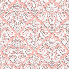 Seamless vector oriental pink and white ornament. Oriental traditional pattern with 3D elements, shadows and highlights