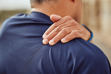 Fitness, back pain and man with hand on shoulder muscle for support, massage and relief during...