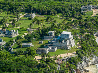 Aerial view of Mayan ruins and Tulum coast in Mexico. Panorama.