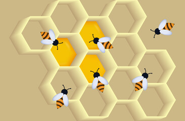 Bees with honeycombs 3d. Insects and sticky wax cell with honey. Frame with sweet liquid, white hexagons, yellow honey texture. Apiary, environment, nature. Bee swarm in the hive. Vector illustration.