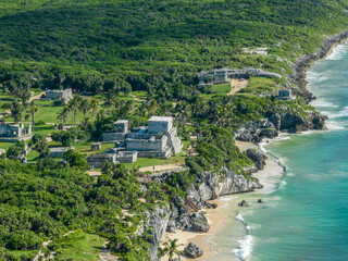 Aerial view of Mayan ruins and Tulum coast in Mexico. Panorama.