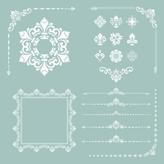 Vintage set of light blue and white vector horizontal, square and round elements. Elements for backgrounds and frames. Classic patterns. Set of vintage patterns