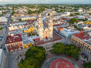 Aerial view of San Francisco de Campeche Cathedral at sunset. Campeche, Mexico. Panorama.
