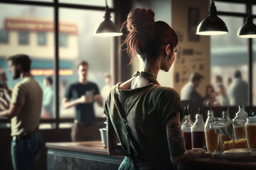 Fototapeta na wymiar A woman barista working at the coffee shop, Generative AI