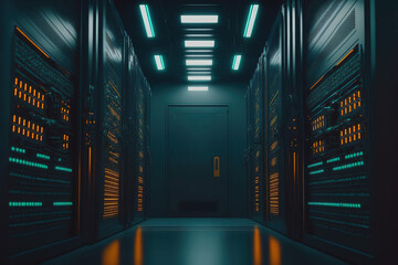 Fototapeta na wymiar A dark blue and orange datacenter with servers, Generative AI