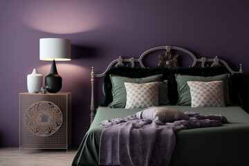 A purple bedroom with green linens and a blanket, Generative AI