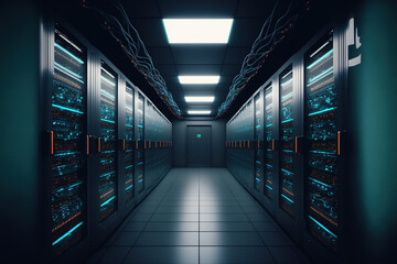 A dark blue datacenter with servers, Generative AI