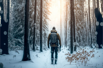 Man walking trough a snowy forest, Generative AI