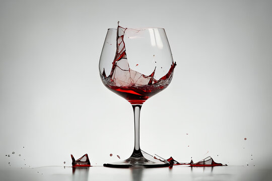 Broken red wine glass with pieces and wine spilling, Generative AI