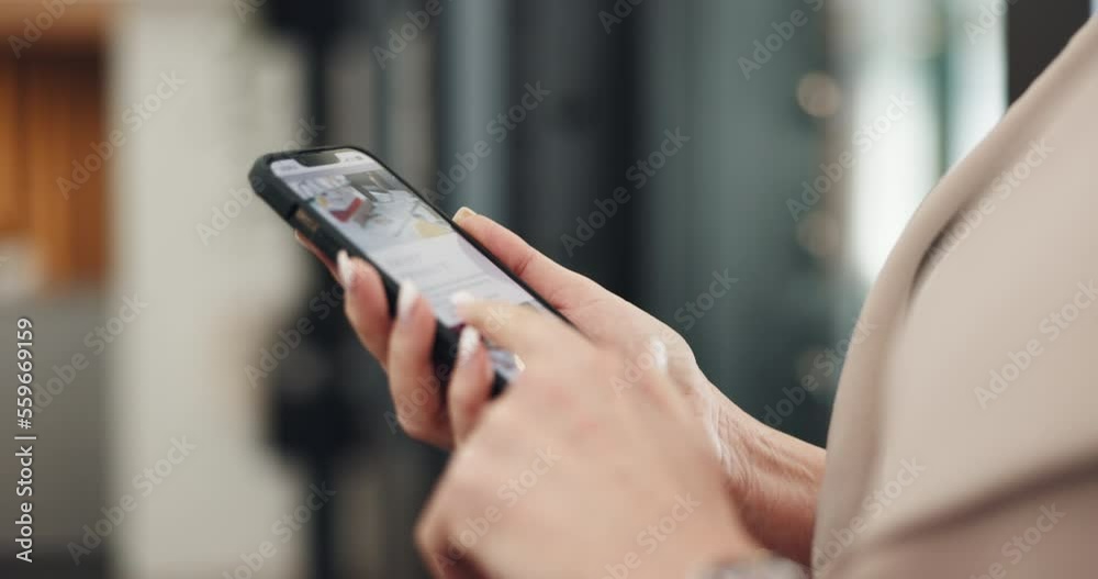 Poster smartphone, social media and woman scroll online network for meme, news app and e commerce shopping 
