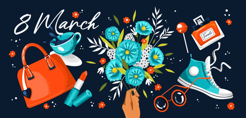 Beautiful trendy set for 8 March. International Women's Day. Women's things, bouquet, sunglasses, lipstick, sneakers, bag, cup of coffee, chupa chups and perfume. Stylish flat graphics.