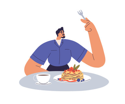 Person eating food, dish. Man having breakfast, meal. Gourmet character at lunch, sitting at table with tea cup, crepes, pancakes, sweet dessert. Flat vector illustration isolated on white background