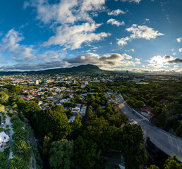 Aerial view of a big mountain at sunset. The beautiful city of Tuxtla Gutierrez in Mexico. Panorama.