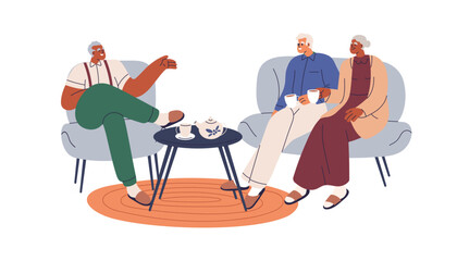 Senior friends talking, relaxing at home. Happy old people drinking tea, speaking, resting on sofa in living room. Elderly men, woman. Flat graphic vector illustration isolated on white background