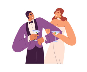 Rich love couple, woman in chic dress and man in elegant suit. Happy wealthy wife and husband holding cocktails, laughing at evening party. Flat vector illustration isolated on white background