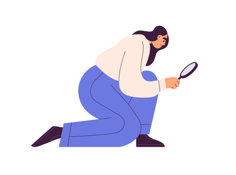 Person looking through magnifying glass, lens. Woman searching information, job, idea, opportunity. Analysis, finding answer, inspection concept. Flat vector illustration isolated on white background