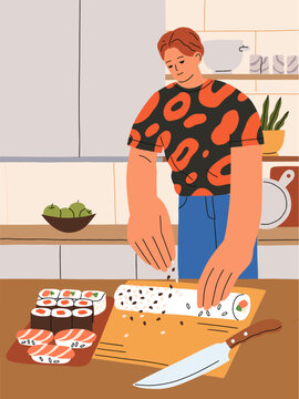 Man cooking Asian sushi. Home made Japanese dish, cuisine. Character cooks Japan food at house kitchen, sprinkling rice and fish roll with sesame seeds on cutting board. Flat vector illustration