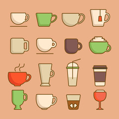 Color Set of Coffee and Tea related Vector Icons. Set of Outline Coffee cups icon.