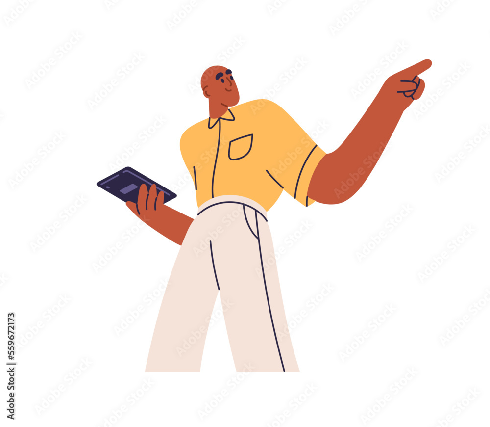 Poster manager holding tablet pc, pointing with finger. employee gesturing with hand, managing, controlling