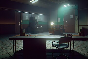 Interrogation Room - A dull, desolate, empty room is often used by law enforcement to interview witnesses. This police interrogation room is fictional and created by generative AI