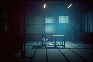 Interrogation Room - A dull, desolate, empty room is often used by law enforcement to interview witnesses. This police interrogation room is fictional and created by generative AI - obrazy, fototapety, plakaty