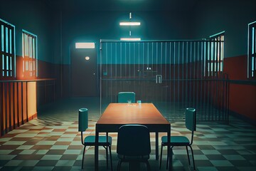Interrogation Room - A dull, desolate, empty room is often used by law enforcement to interview witnesses. This police interrogation room is fictional and created by generative AI - obrazy, fototapety, plakaty