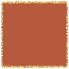 Rustic square napkin, tablecloth, serviette, rug, shawl in brown color with yellow grunge wavy decorative fringe isolated on white
