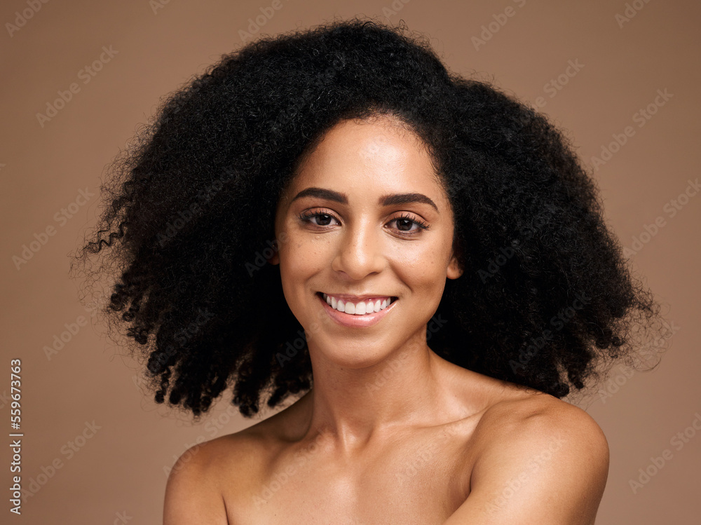 Canvas Prints Hair care, afro beauty and portrait of black woman with clean shampoo hair, cosmetics and happy with skincare glow. Salon spa, healthcare and face of African model with makeup and healthy hair growth